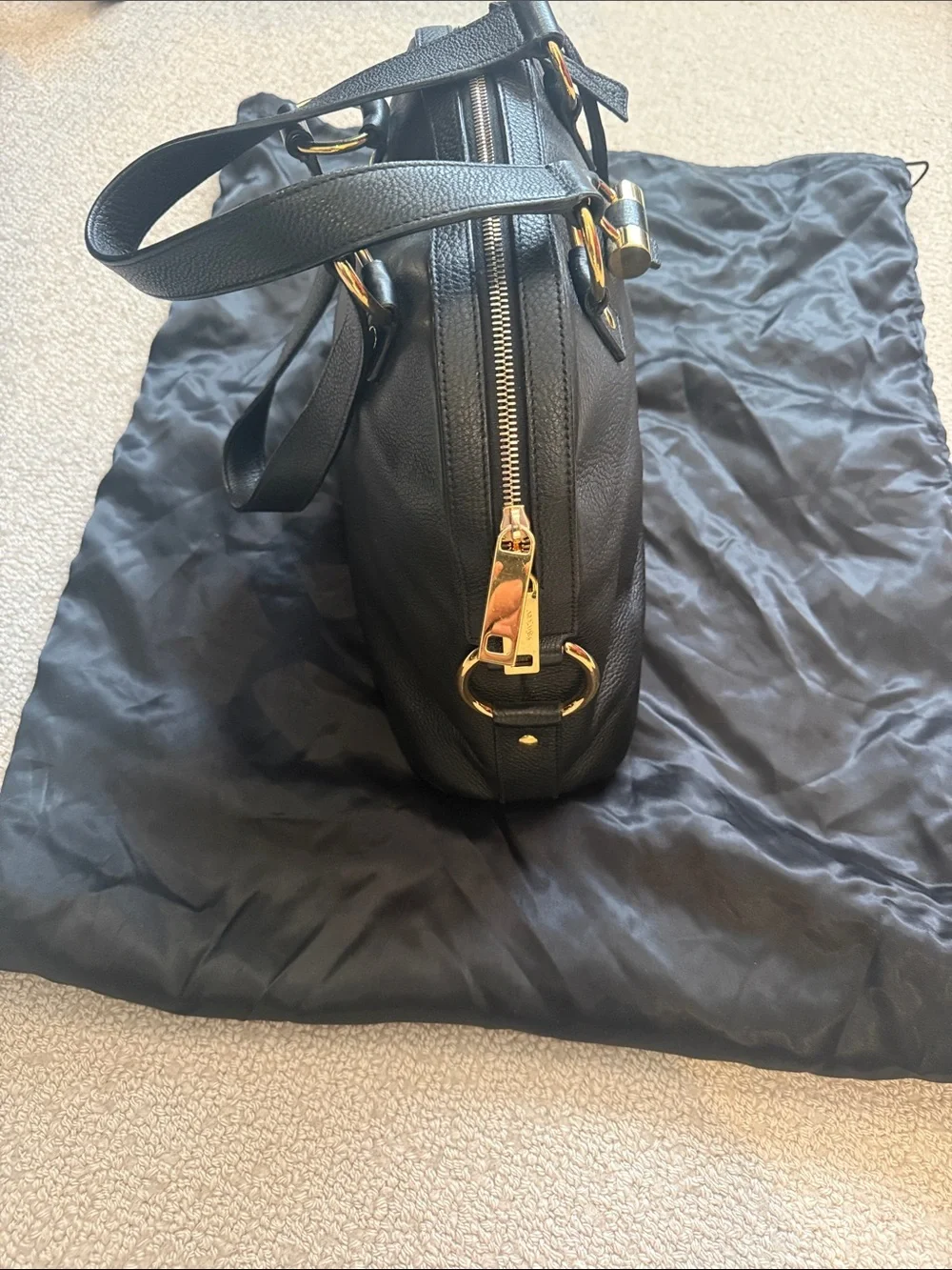 Black Leather Dome Satchel Bag with Gold Hardware